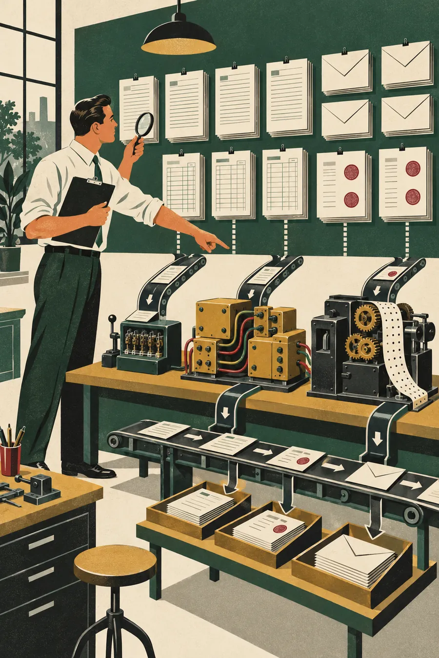 Illustration éditoriale : un consultant étudie un mur de tâches répétitives et désigne, parmi trois machines, celle qui convient