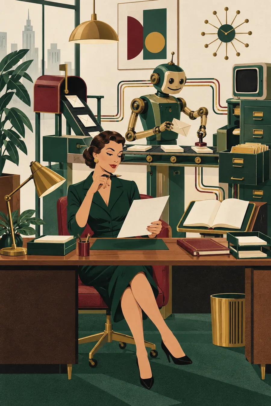 Illustration éditoriale : une dirigeante relit un document pendant qu'un automate range, tamponne et classe le courrier de l'entreprise