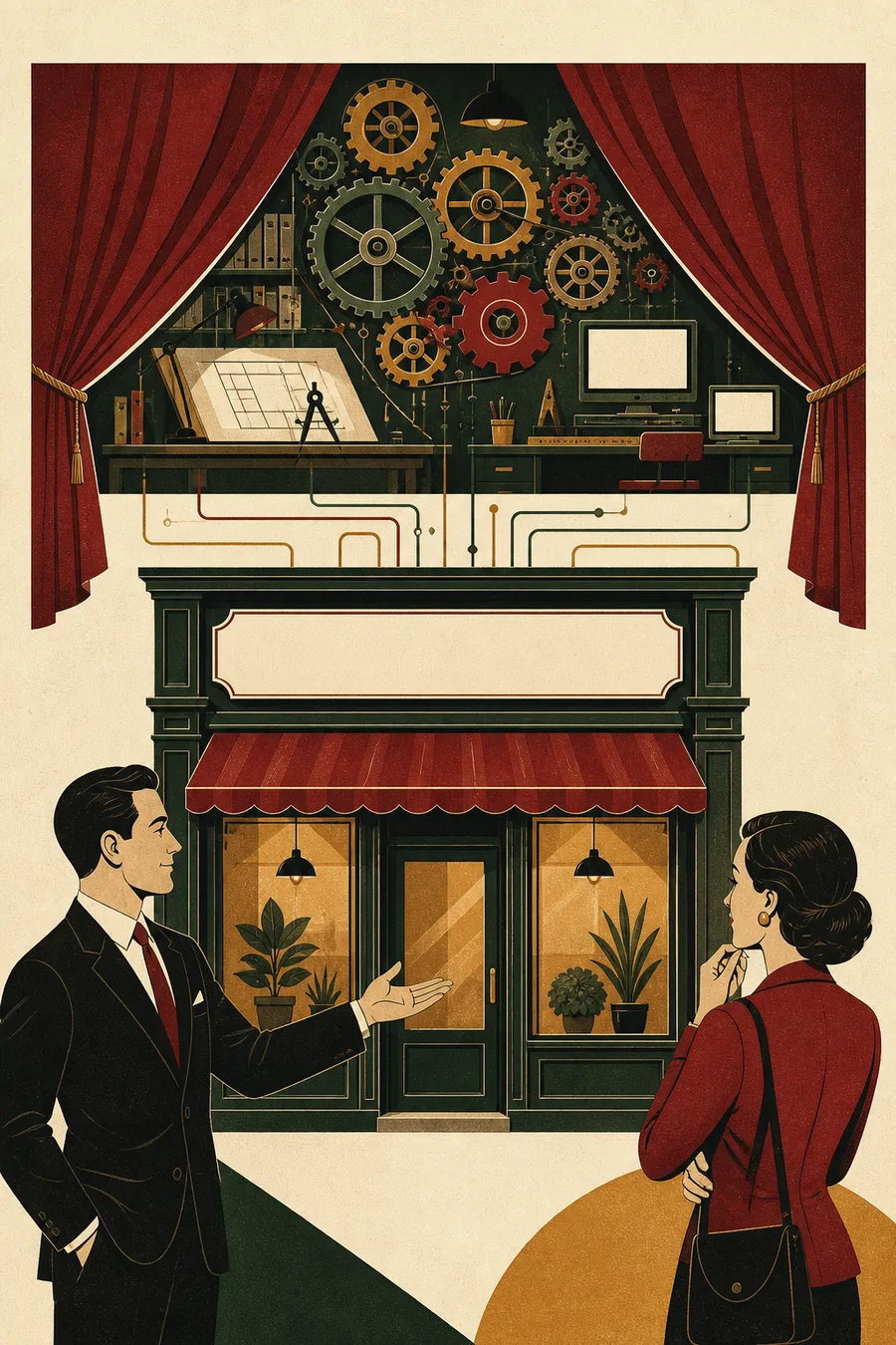 Illustration éditoriale : la vitrine d'une agence au premier plan, la mécanique technique qui tourne en coulisses derrière le rideau
