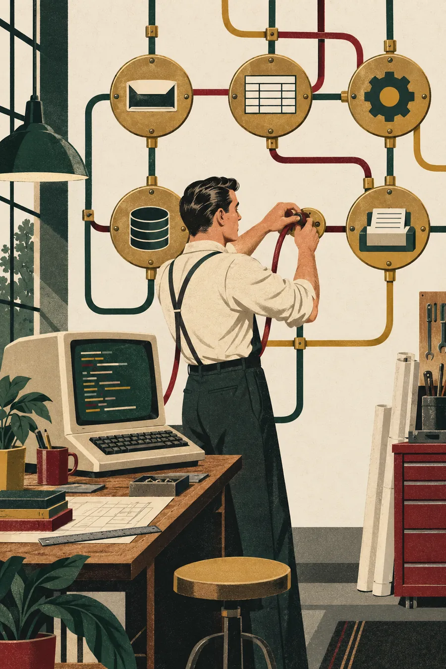 Illustration éditoriale : un artisan relie des modules par des câbles sur un grand tableau de connexions, à côté d'un terminal qui affiche du code