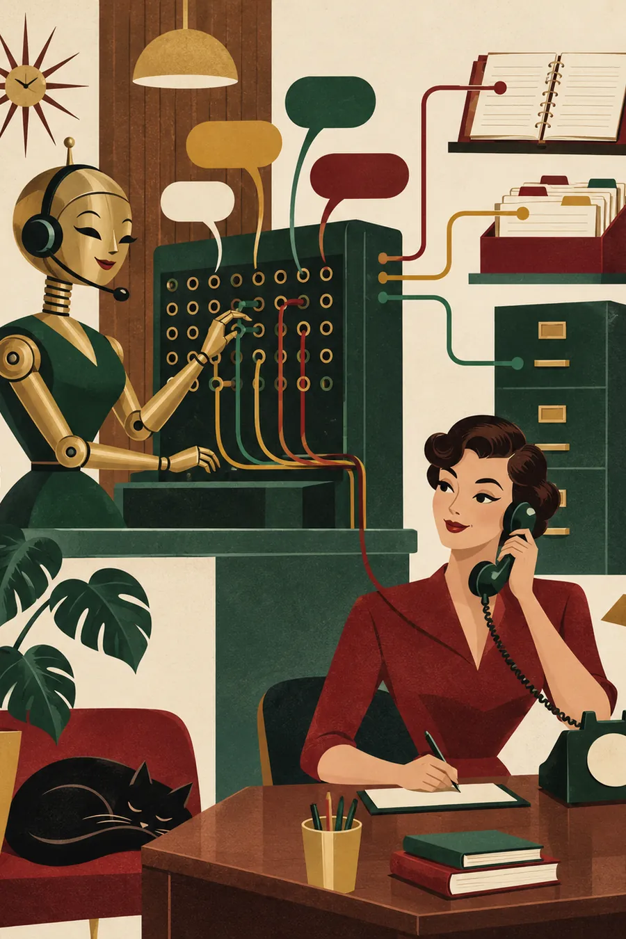 Illustration éditoriale : un automate muni d'un casque oriente les appels sur un standard à fiches pendant qu'une dirigeante reprend un appel transféré